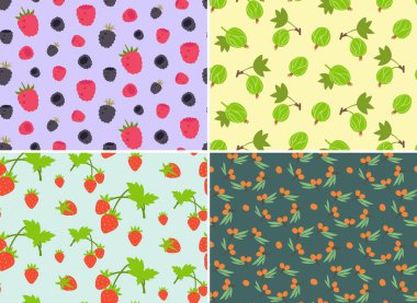 Seamless patterns with different berries. Nature textures in flat style.