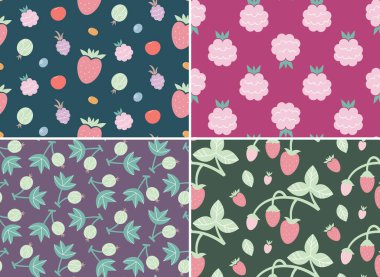 Seamless patterns with different berries. Nature textures in flat design.