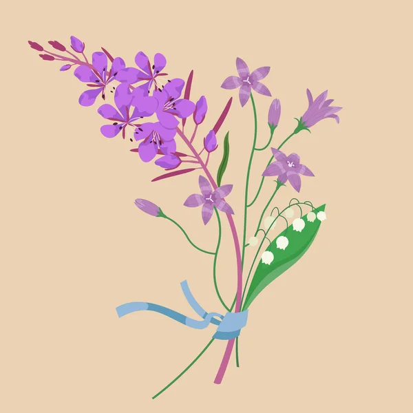 Bouquet Different Wildflowers Fireweed Campanula Lily Valley Cartoon Style — ストックベクタ