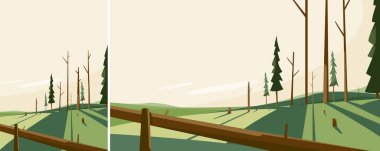 Kesilmiş ağaçlarla manzara. Farklı biçimlerde ölü doğa manzarası.