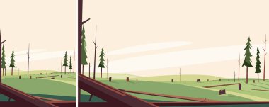 Devrilmiş ağaçlı koruluk. Farklı biçimlerde ölü doğa manzarası.