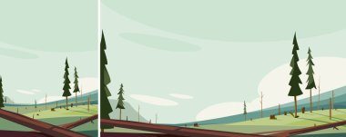 Kesilmiş ağaçlarla dolu bir orman. Farklı biçimlerde ölü doğa manzarası.