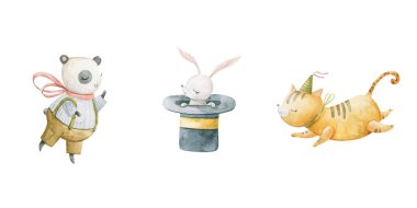 Komik karakterli çocuksu suluboya çizimler, sirkteki bebek hayvanlar. Çocuk tasarımı, sanat, dekor. El boyaması illüstrasyon. Hayvanlar bisikletle hokkabazlık yapar.