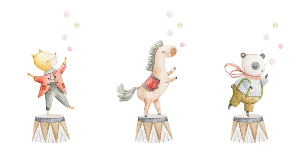 Niedlichen Kindlichen Aquarell Illustration Mit Lustigen Figuren Baby Tiere Zirkus — Stockfoto
