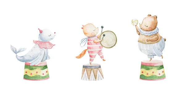 Linda Acuarela Infantil Ilustración Con Personajes Divertidos Animales Bebé Circo —  Fotos de Stock