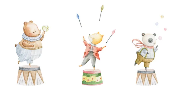Linda Acuarela Infantil Ilustración Con Personajes Divertidos Animales Bebé Circo —  Fotos de Stock