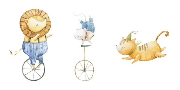 可爱的孩子气的水彩画和滑稽的人物 马戏团里的小动物 孩子的设计 手绘插图 骑自行车的动物 — 图库照片