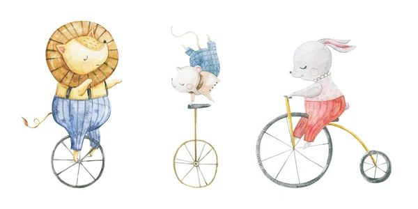 可爱的孩子气的水彩画和滑稽的人物 马戏团里的小动物 孩子的设计 手绘插图 骑自行车的动物 — 图库照片