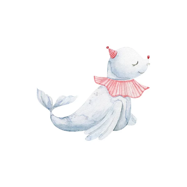 Şirin Komik Bir Sirk Hayvanı Beyaz Deniz Tabanında Çocukça Suluboya — Stok fotoğraf