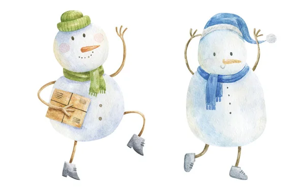動物の水彩イラスト 冬の休日の漫画はかわいい面白い動物のカードのデザインを隔離した 雪のお祝いの季節クリスマスXマス新年 — ストック写真