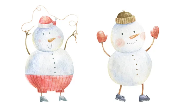 動物の水彩イラスト 冬の休日の漫画はかわいい面白い動物のカードのデザインを隔離した 雪のお祝いの季節クリスマスXマス新年 — ストック写真