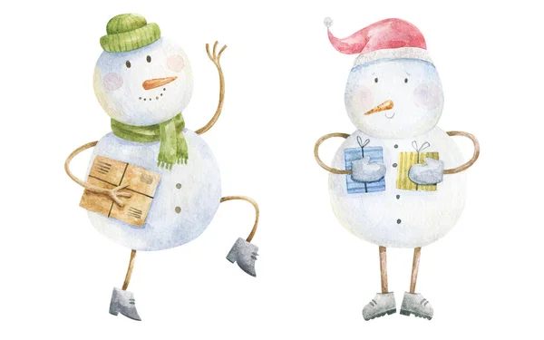Illustrazione Acquerello Degli Animali Vacanze Invernali Cartone Animato Isolato Simpatici — Foto Stock