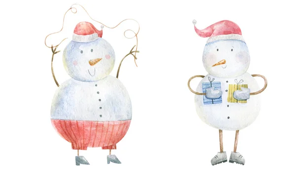 Illustrazione Acquerello Degli Animali Vacanze Invernali Cartone Animato Isolato Simpatici — Foto Stock