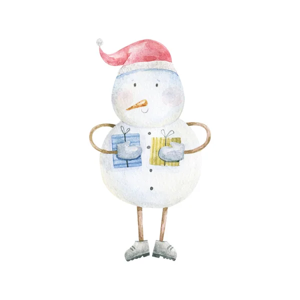 Watercolor Illustration Snowmen Winter Holidays Cartoon Isolated Cute Funny Snowman — Stock Photo, Image