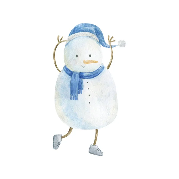 Υδατογραφία Απεικόνιση Των Χιονάνθρωπων Χειμερινές Διακοπές Κινουμένων Σχεδίων Απομονωμένο Χαριτωμένο — Φωτογραφία Αρχείου