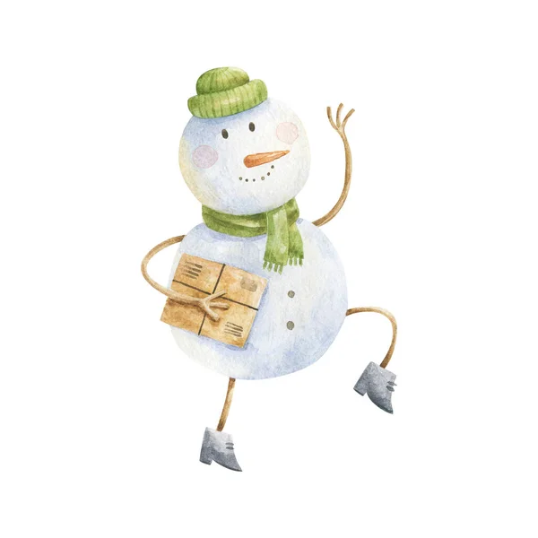 Watercolor  illustration of snowmen. Winter holidays cartoon isolated cute funny snowman card design. snowy festive season christmas, x mas, new year