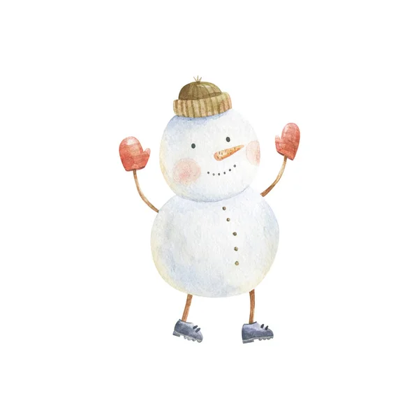 雪だるまの水彩イラスト 冬の休日の漫画はかわいい面白い雪だるまカードのデザインを隔離しました 雪のお祝いの季節クリスマスXマス新年 — ストック写真