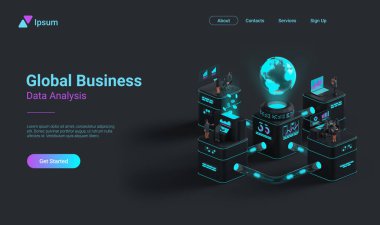 Global Business Data Analizi Otomasyonu. Mali İstatistikleri analiz eden çizelgelerle çalışan insanlar. Borsa Analiz Merkezi Konsepti 3B oluşturma.