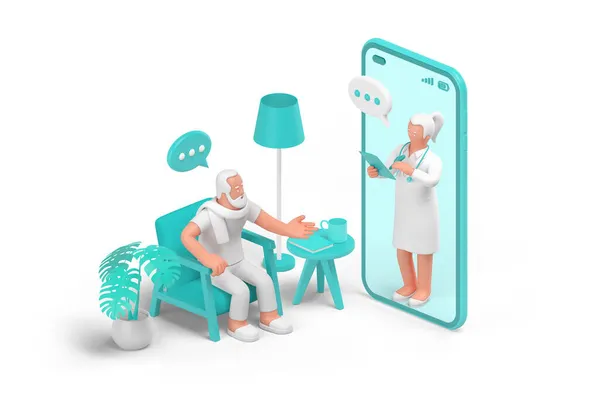 Akıllı Telefondan Doktor Danışman Hasta Çevrimiçi Hekim Evdeki Koltukta Oturan — Stok fotoğraf