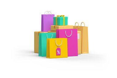 Alışveriş Torbaları, Paketler, Kutular, Eşyalar ve Hediye 3D görüntüleme beyaz üzerine izole.