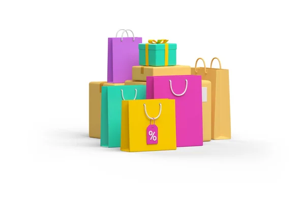 Pila Bolsas Compras Paquetes Cajas Bienes Renderizado Regalo Aislado Blanco — Foto de Stock