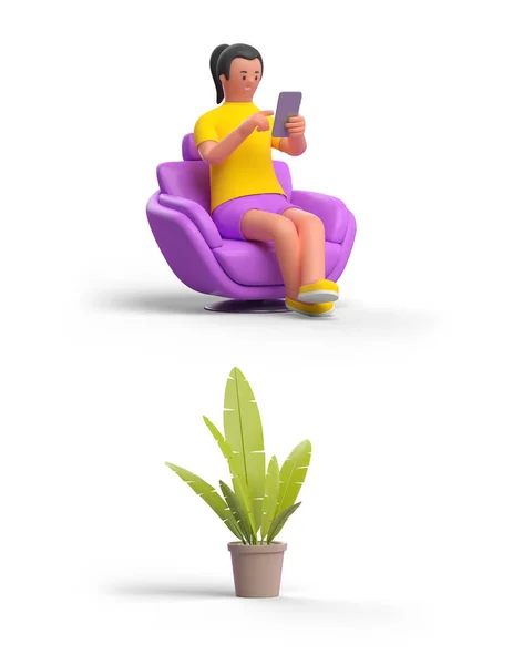 Kobieta Smartfonem Sprawia Zakupy Domu Siedzi Fotelu Roślin Izolowanych Białym — Zdjęcie stockowe