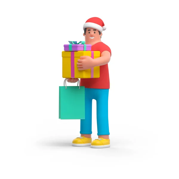 带圣诞帽的3D快递员手里拿着物品 购物袋和圣诞礼物 Cg渲染 — 图库照片