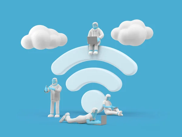 Pessoas Navegando Internet Perto Renderização Símbolos Wifi Conexão Sem Fio — Fotografia de Stock