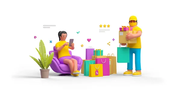 Купить Онлайн Магазин Stay Home Delivery Concept Женщина Смартфоном Делает — стоковое фото