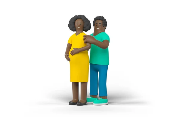 幸せな黒人家族カップル妊娠中の妻と夫白い背景の3Dレンダリングイラストに孤立した抱擁立っている人々 男性女性母父の文字 — ストック写真
