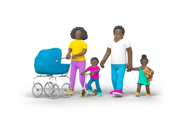 在白色背景下独立行走的黑人家庭 带着儿子在婴儿车中行走 父子关系 — 图库照片