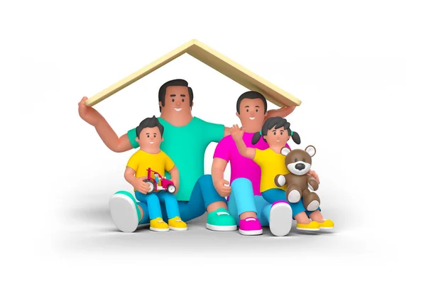 おもちゃを持つ家族の母の娘の息子赤ちゃんはおもちゃの屋根の下に座っていますホームコンセプト白い背景に隔離された3Dレンダリングイラスト — ストック写真
