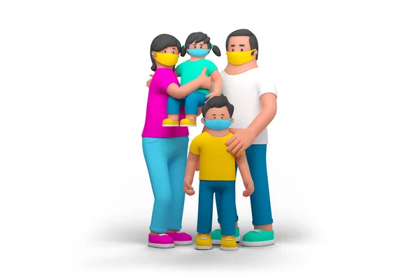 科维德家庭检疫与婴儿手牵手站在白色背景3D渲染说明隔离 母亲父亲的女儿 带着面具玩具的儿子 — 图库照片