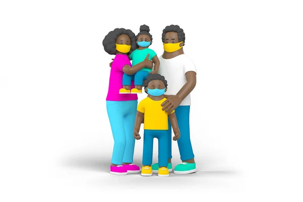 科维德岛上的黑人家庭 婴儿手牵着手站立在白色背景的3D渲染图上 母亲父亲的女儿 带着面具玩具的儿子 — 图库照片