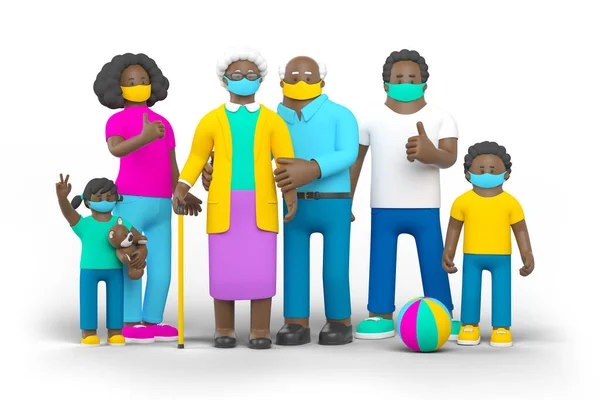 Black Family Quarantine Baby People Standing Holding Hands Απομονωμένα Λευκό — Φωτογραφία Αρχείου