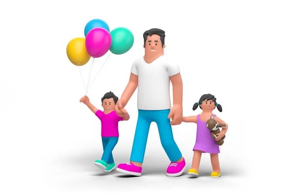 Glücklicher Familienvater Geht Mit Sohn Und Tochter Mit Bunten Luftballons — Stockfoto