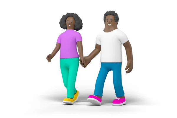 ブラックファミリーカップル男性女性は白い背景の3Dレンダリングイラストに隔離された手を保持歩く お母様のキャラクター — ストック写真