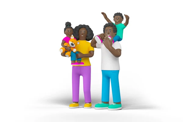 黑人家庭与婴儿手牵着手站在白色背景下3D渲染插图 有玩具角色的女儿之子 — 图库照片