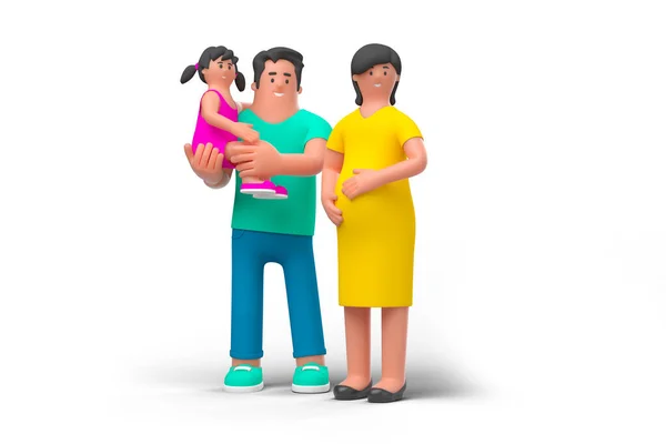 幸せな家族カップル妊娠中の妻と娘と夫彼の手に白い背景の3Dレンダリングイラストに孤立立っている人々 男性女性母父の文字 — ストック写真