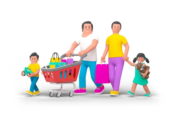 Mutlu Aile Alışverişi Anne Oğul Kız Alışveriş Arabası Yürüyen Nsanlar — Stok fotoğraf
