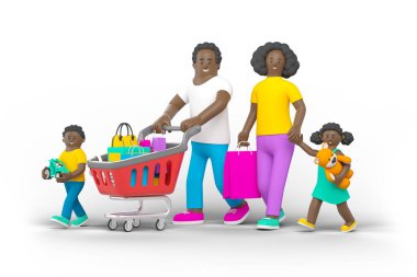 Mutlu Siyah Aile Alışverişi Anne Oğul Kız Alışveriş Arabası ile Yürüyen İnsanlar Beyaz arka planda izole edilmiş.