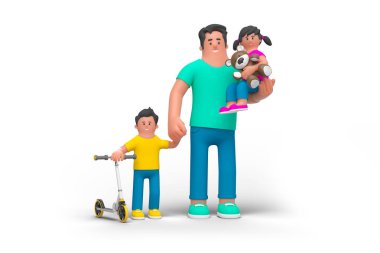 Mutlu Aile Babası, Oğlu ve Kızı ile ayakta duruyor. Beyaz arka planda izole edilmiş insanlar. 3 boyutlu çizimler yapıyor..