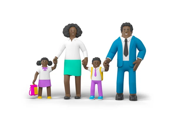 白い背景の3Dレンダリングイラストに隔離された手を握っている赤ちゃんの人々と黒の家族 母娘の息子とおもちゃの文字 — ストック写真