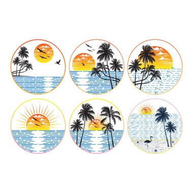 Okyanus ve plaj panoramik manzara koleksiyonu. Düzenlenebilir, EPS 10, vektör illüstrasyonu.