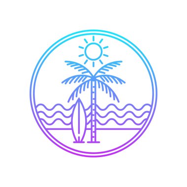 Okyanus ve sahil manzarası. Yaz zamanı ve sörf sanat eserleri. Düzenlenebilir, vektör illüstrasyonu.