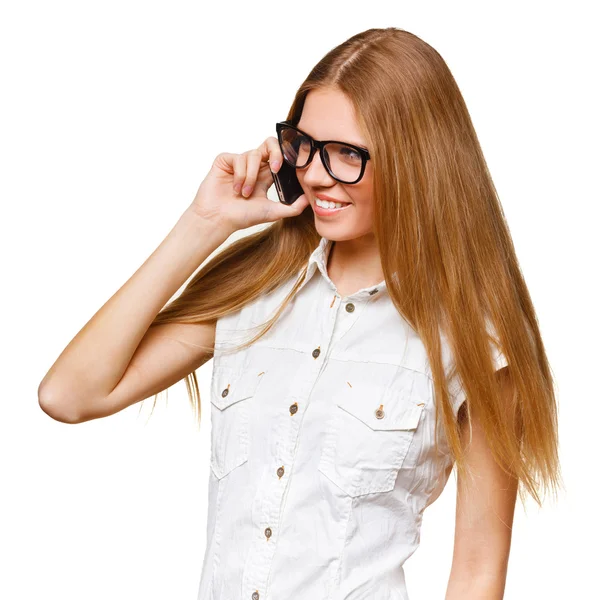 Happy smiling woman talking on the mobile phone on white background — Stock Photo, Image