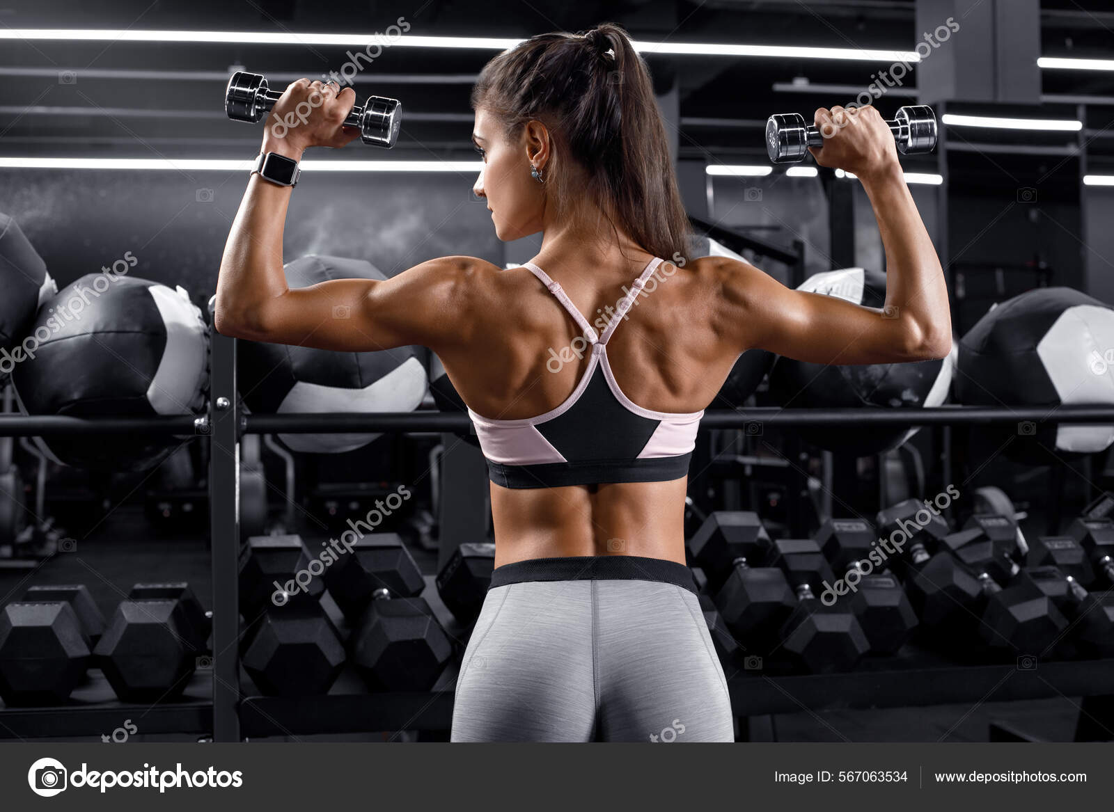 Fitness Woman Working Out Gym Doing Exercise Back Athletic Girl fotos,  imagens de © Nikolas_jkd #567063534