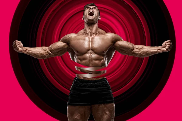 筋肉を示す筋肉の男 強い男性の腹筋 現代的なデザイン 創造性とスポーツの概念 — ストック写真