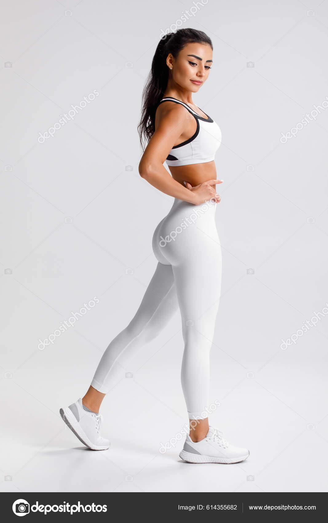 Fitness Woman Athletic Girl Gray Background Stock Photo by