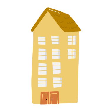 Cute doodle house in hand drawn style, design children nursery, room, clothes, map and textile cartoon vector illustration, isolated on white. Colorful sketch childhood home residential area.